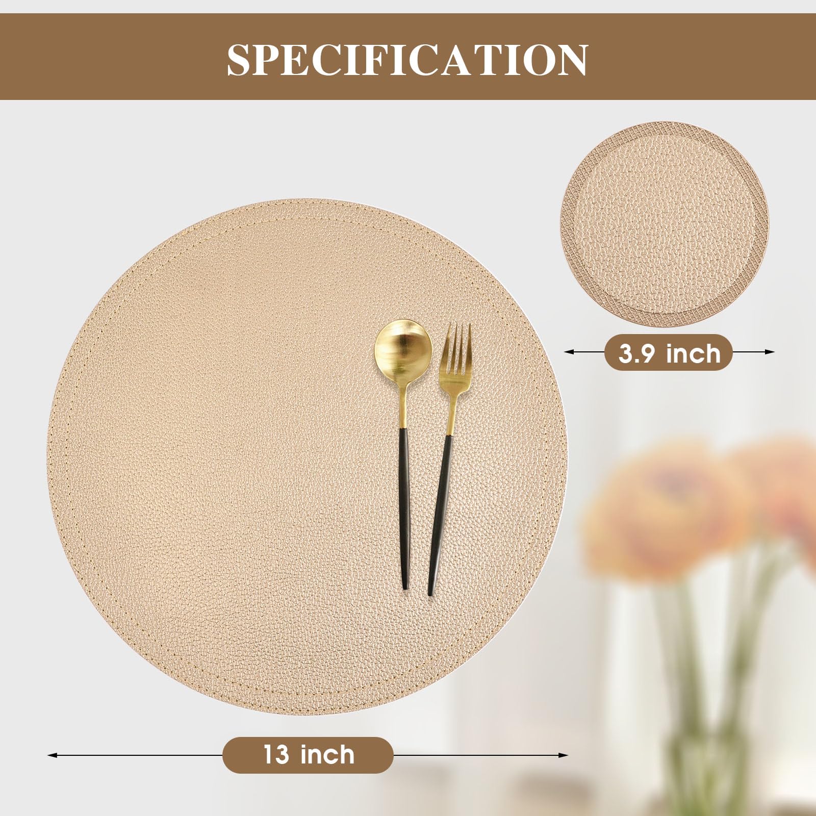 Set of 8 Faux Leather Gold Round Placemats and Coasters, Coffee Mats Kitchen Table Mats, Waterproof, Easy to Clean for Kitchen Dining Round Table