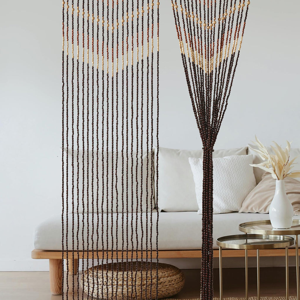 HYVAKUPPA 35.5" x 75" Boho Wood Bead Curtain for Doorways 40 Strands Door String Curtains Handmade Beaded Curtain Window Hanging Room Divider Wave Pattern for Home Decoration, Dark Brown