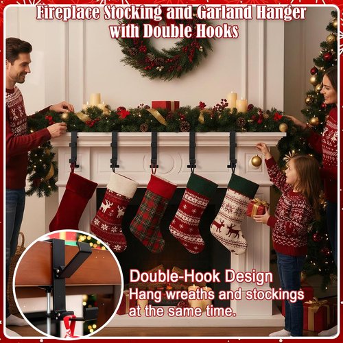 TGLIFEVER Christmas Garland and Stocking Hangers for Mantle, Adjustable 2 in 1 Mantel Stocking Holders with Foldable Double Hooks, Heavy Duty No Drill Fireplace Garland Hooks for Xmas Home Decoration