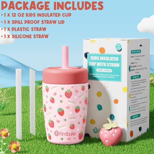 Fimibuke Kids & Toddler Cups Spill Proof, 12 OZ Insulated Sippy Cups for Toddlers Boys Girls, BPA-Free Toddler Straw Tumbler, Stainless Steel Kids Water Bottle with Twist Lids & Silicone Straw, 1 Pack