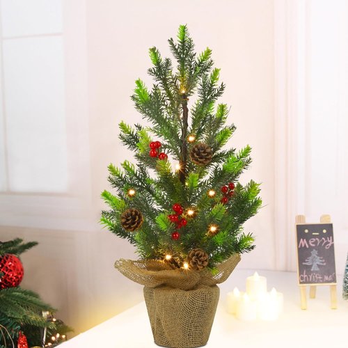 Juegoal 24-Inch Pre-Lit Christmas Pine Tree - Warm White Fairy Lights | Tabletop Decor with Burlap Base