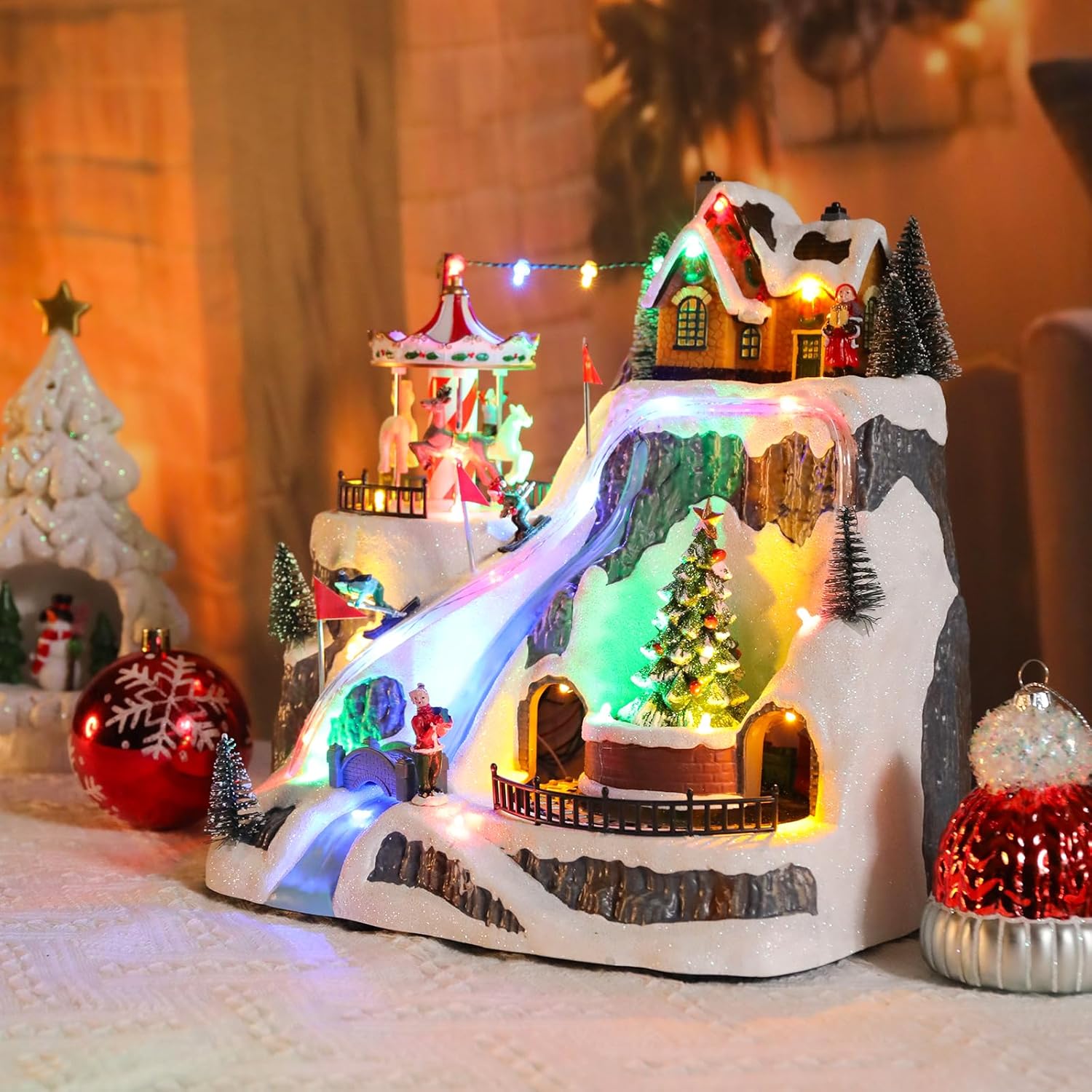Wonder Garden Christmas Village Houses - Lighted Musical Ski Resort with Moving Train & Carousel | Holiday Decor