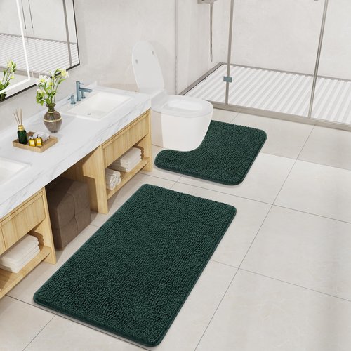 LOCHAS Bathroom Rugs Sets 2 Piece, Soft Non Slip Bath Mat Set, 20''x20'' U-Shaped Toilet Rug and 34''x21'' Hunter Green Bath Rugs, Washable Absorbent Chenille Toilet Rug Set for Bathroom, Shower