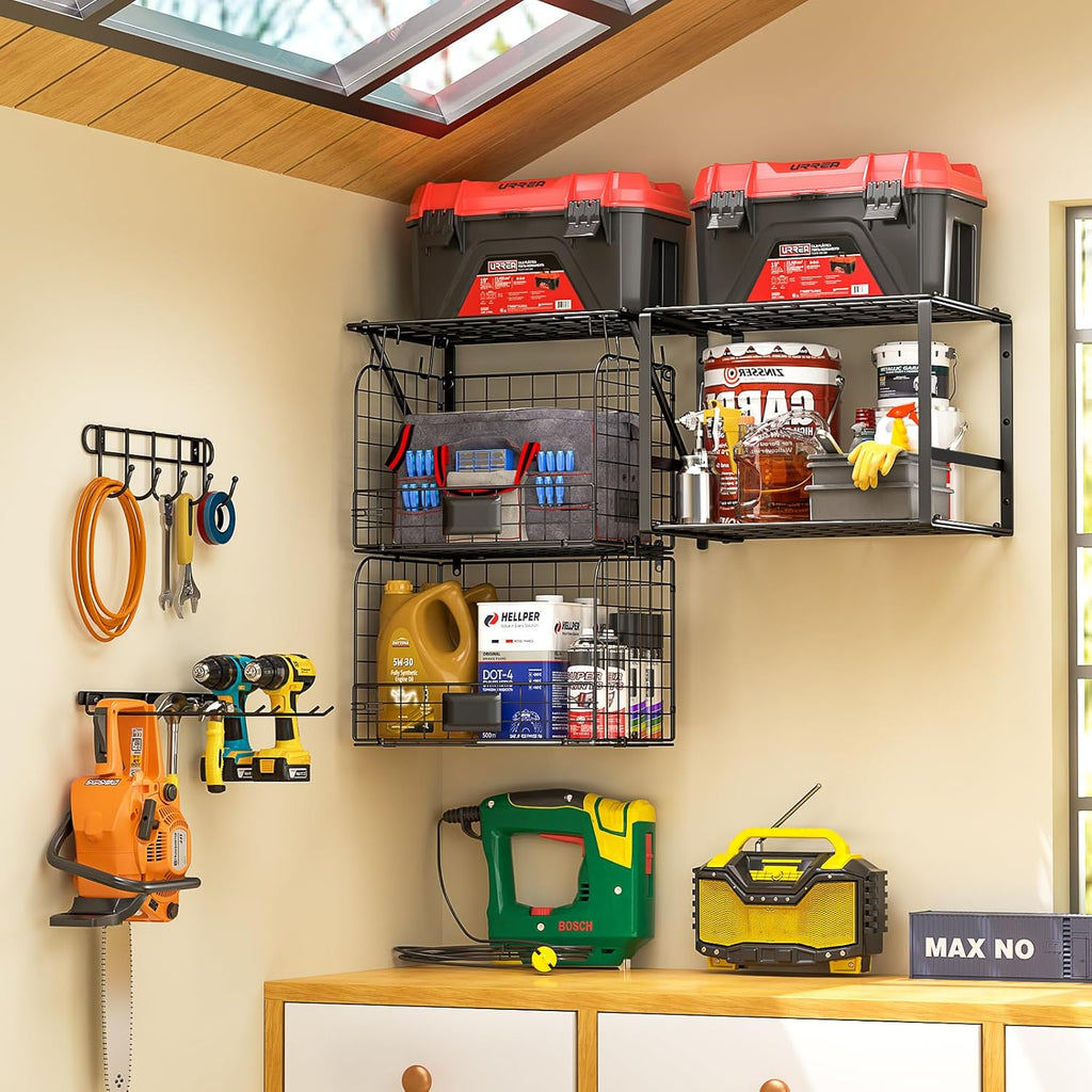 ThreeHio Garage Shelf - Heavy Duty Wall Mounted Storage with Wire Baskets & Tool Rack | Ideal for Home & Garden Organization