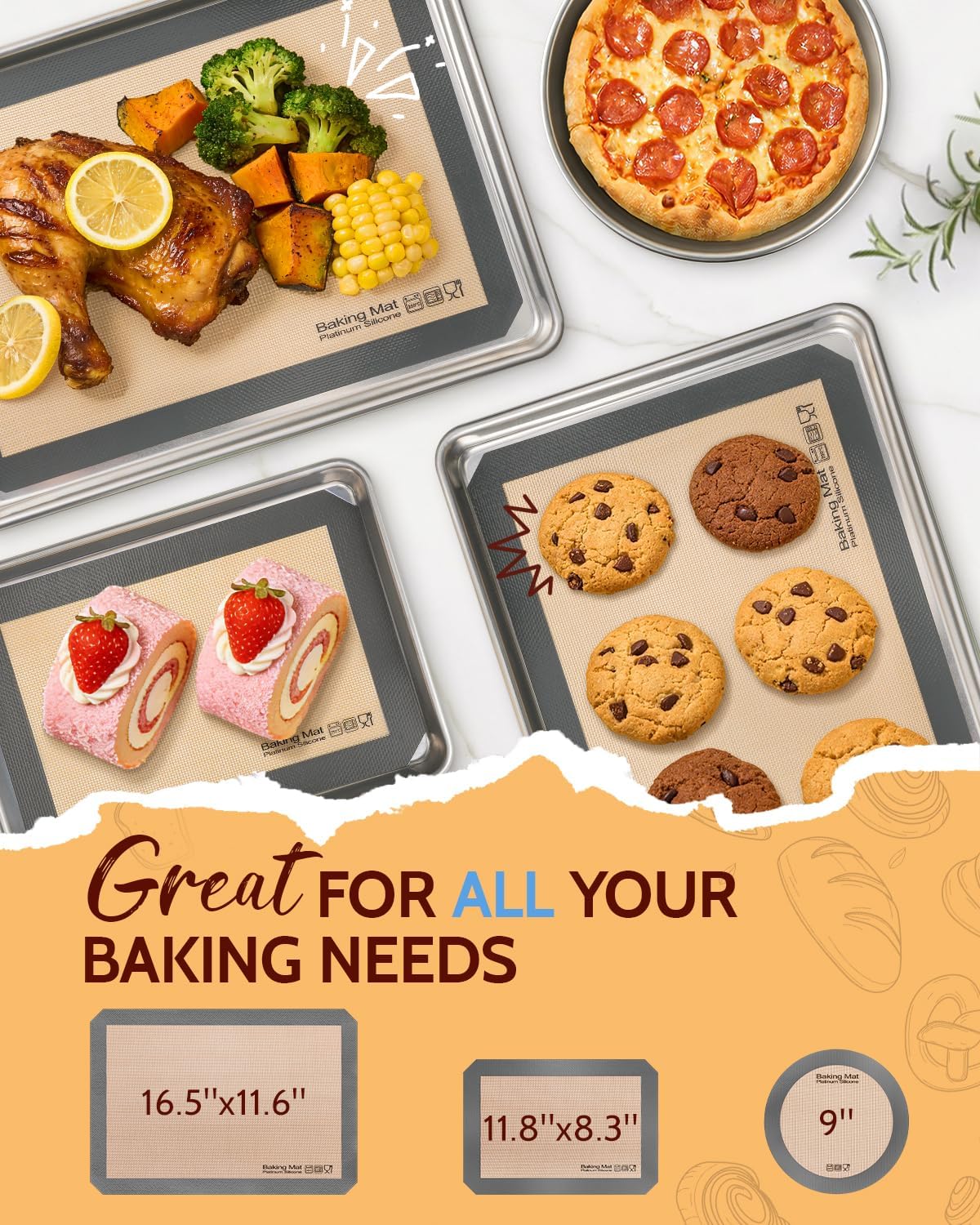Sopito Silicone Baking Mat - Non-Stick, Food Safe, Reusable 5-Piece Set for Half & Quarter Trays | Grey