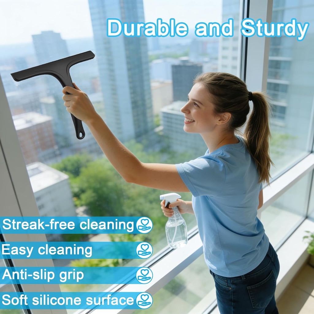 Silicone Shower Squeegee - Effortlessly Remove Water Spots from Glass, Mirrors & Tiles | 10 Inch, Black