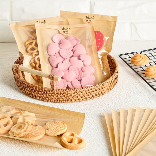 ZORRITA 100 Pack Heat-Sealable Cookie Bags with Window, 5.1 x 7.5 Inches Small Clear Front To Go Bakery Bags, Grease Resistant Kraft Paper Treat Sleeves for Packaging Snack Donut Pastry (Brown)