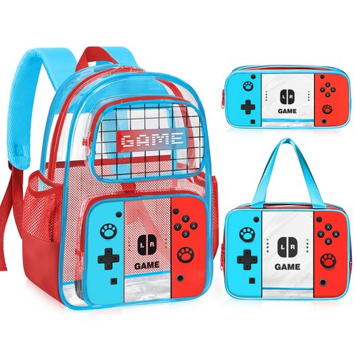 TILYTADLY 3PCS Clear Backpack for School - Gamer Kids Clear Backpacks for Boys and Girls,Heavy Duty Transparent Bookbag with Lunch Bag and Pencil Case - See Through PVC Transparent Bookbag