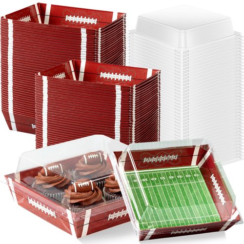 Potchen 50 Pack Football Party Charcuterie Boxes with Clear Lids Rugby Paper Snack Tray with Window Dessert Cake Box for Pizza Taco Fries Football Theme Birthday Game Day Supplies Favors