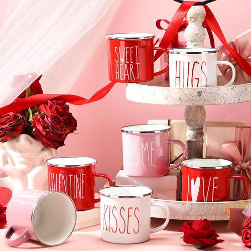 Mumufy 9 Pcs Valentine's Day Coffee Mugs 12 oz Valentine's Day Enamel Mug Romantic Coffee Mug Outdoor Camper Mug Kiss Love Sign Camping Tea Cup for Valentine's Day Party Campfire