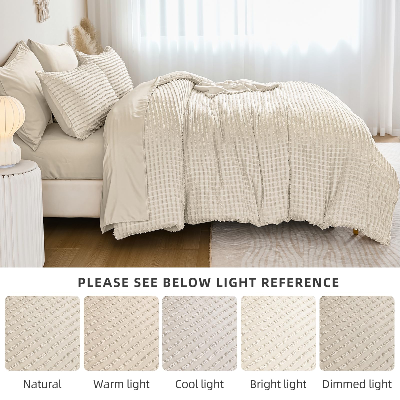 Yiran 7 Piece Beige Comforter Set King Bed in a Bag Tufted Texture Striped Boho Comforter Set Fluffy Jacquard Geometric Bedding Set 104"×90"