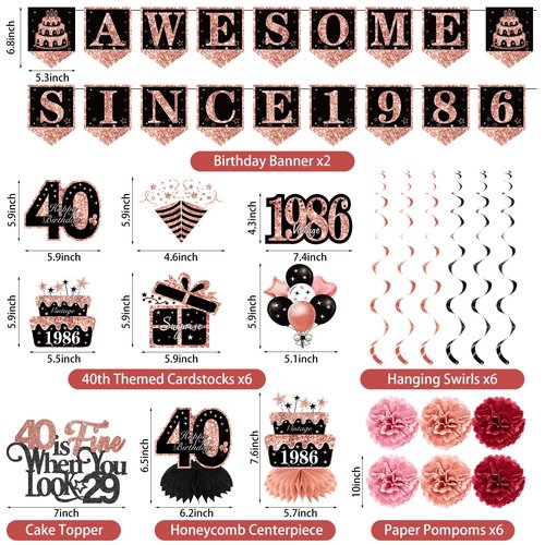 Yesiyeik 40th Birthday Decorations for Women, 40 Year Old Black Rose Gold Vintage AWESOME SINCE 1986 Birthday Banner Backdrop, 32inch 40 Balloons Crown Sash Cake Topper Birthday Party Supplies for Her