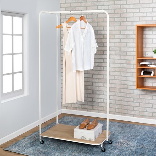 Honey-Can-Do Clothing Rack, Clothes Rack with Wood Shelf, Freestanding, Easy to Assemble Garment Rack, Standing Metal Sturdy, Small Space Storage Solution, with Shoe Storage and Wheels, White