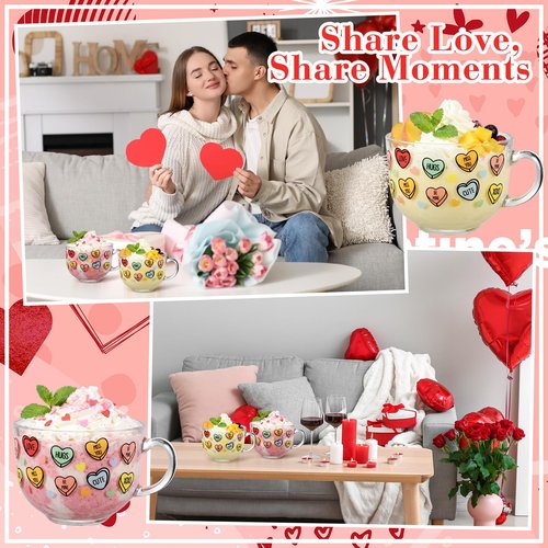 Sliner 6 Pcs Valentines Day Candy Heart Glass Coffee Mugs with Handle, 16 oz Clear Love Conversation Coffee Mugs Irish Glasses Cups for Valentine Gifts Beverages Latte Hot Chocolate(Conversation)