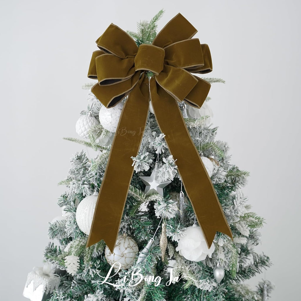 Skiennix 13-Inch Khaki Velvet Bow - Pre-Tied Rustic Decoration for Christmas Trees & Wreaths