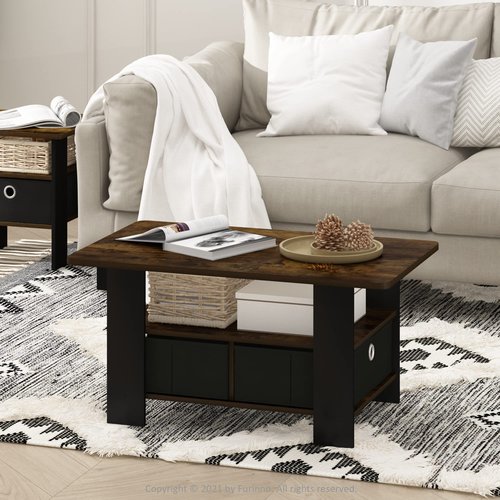 Furinno Andrey Coffee Table with Bin Drawer, Amber Pine/Black Small Non-Lift Top
