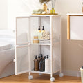 Small Bathroom Storage Cabinet with Movable Wheels, Wooden Bathroom Standing Shelf with 2 Metal Doors, Slim Bathroom Storage Cart for Small Spaces, Laundry, Kitchen, Narrow stand Storage Unit, White