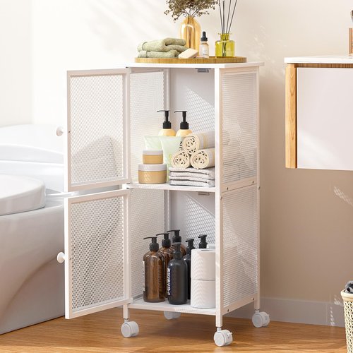 Small Bathroom Storage Cabinet with Movable Wheels, Wooden Bathroom Standing Shelf with 2 Metal Doors, Slim Bathroom Storage Cart for Small Spaces, Laundry, Kitchen, Narrow stand Storage Unit, White