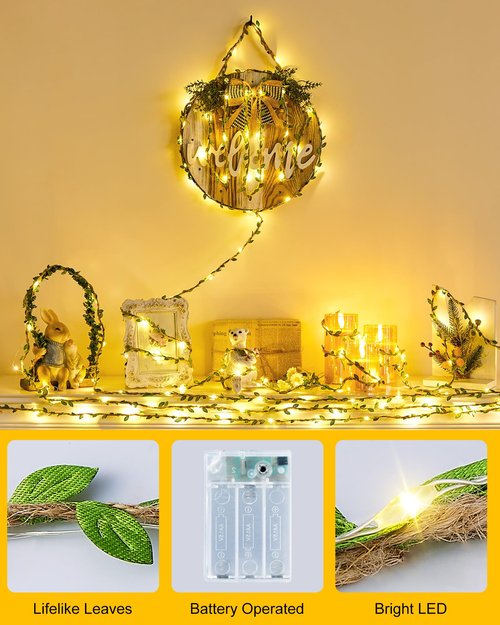 Minetom Vine Fairy Lights Battery Operated: 21ft 60 LED Leaf-Embellished Hemp Rope Fairy Lights with Remote - Twinkle String Lights for Girls Bedroom Dorm Room Wall Decorations
