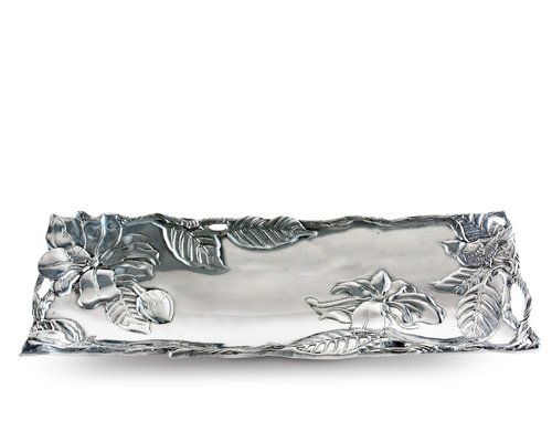 Arthur Court Designs Aluminum Magnolia Flower Metal Oblong Tray/Platter, 19 x 6 inches - Handcrafted Magnolia Blossoms and Twisting Branches, Freezer & Oven Safe, Engravable, Ideal for Wedding