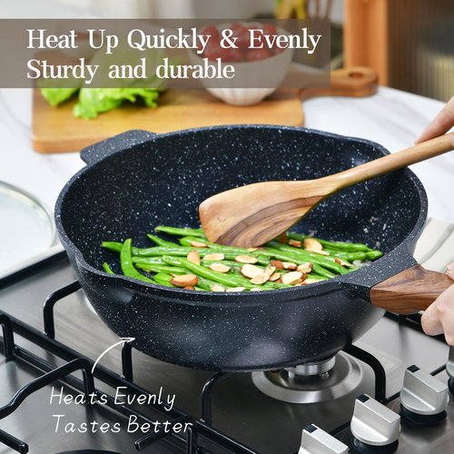MOJIRE Deep Frying Pan Nonstick with Lid and Spatula, 12 inch / 5.5 Quart Saute Pan, Non Stick Granite Stir-Fry Chef Skillet with Scrub Sponge, Gas Induction Stovetops Compatible