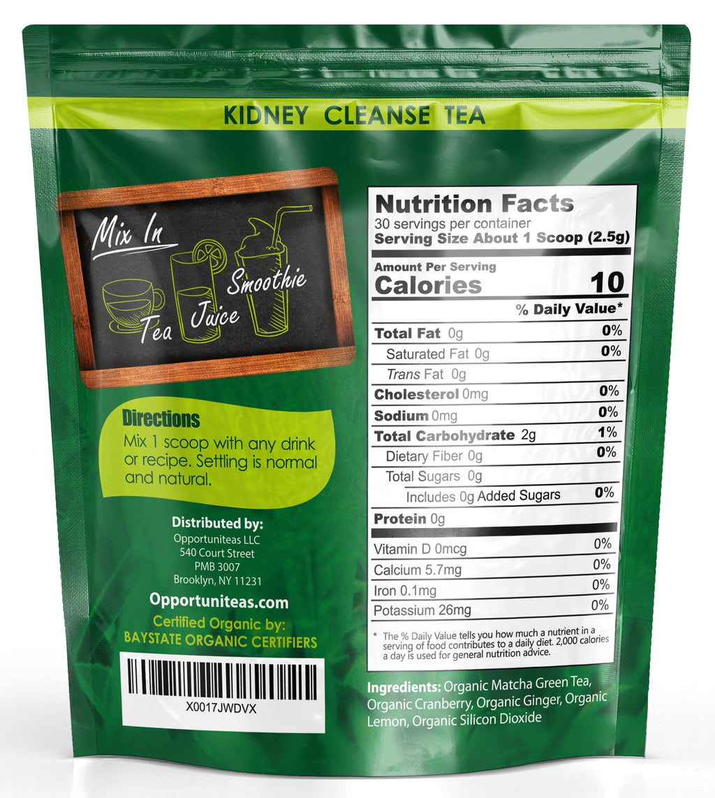 Opportuniteas Organic Kidney Cleanse Detox & Repair Tea - Matcha Green Tea, Cranberry, Lemon & Ginger. 4 Cleansing Superfoods for Drinks. Vegan & Non-GMO - 30 Servings
