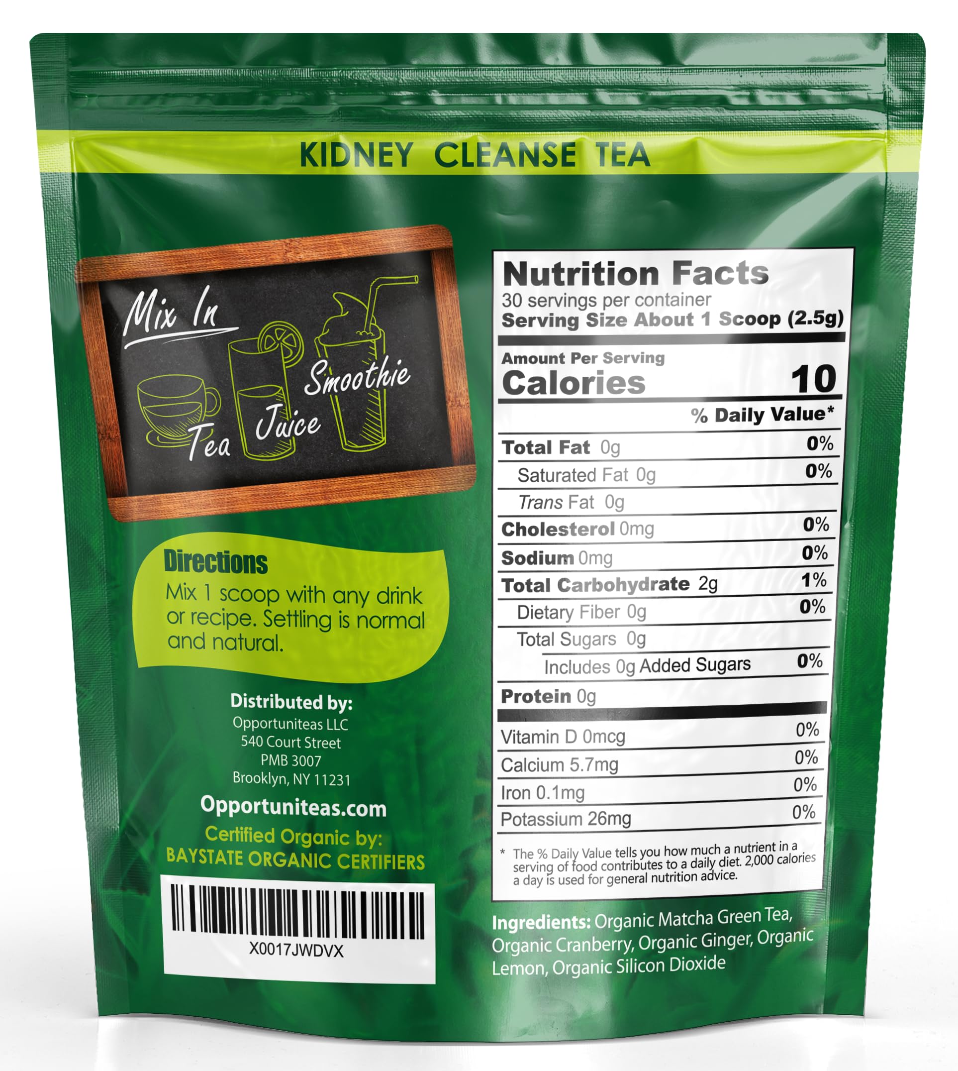 Opportuniteas Organic Kidney Cleanse Detox & Repair Tea - Matcha Green Tea, Cranberry, Lemon & Ginger. 4 Cleansing Superfoods for Drinks. Vegan & Non-GMO - 30 Servings