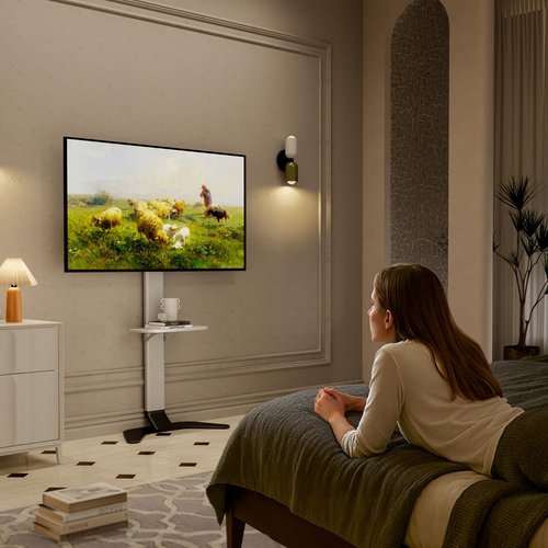 ECOTINY Ultra Slim Floor TV Stand for 37–86 Inch TVs, Modern Curved Base with Shelf, Adjustable Height & Tilt, Space-Saving Design with Cable Management, Fits VESA 600x400mm, White
