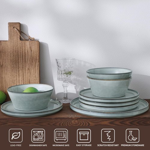 Famiware Annecy Plates and Bowls Sets, Stoneware Dinnerware Sets for 4, 12 Pieces Dish Set with Lipped Edges, Chip and Scratch Resistant, Microwave and Dishwasher Safe, Grey-Blue