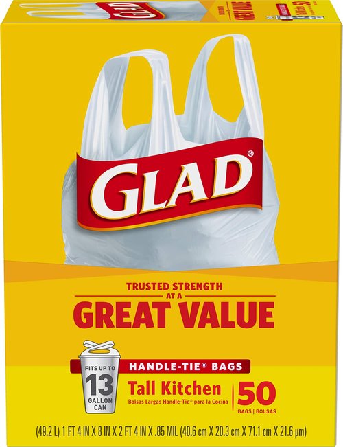 Glad Tall Kitchen Trash Bags 13 Gallon, Unscented Garbage Bags, Handle-Tie, 50 Count