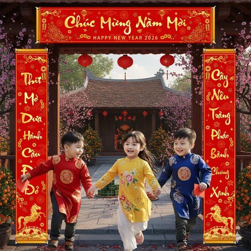 Wollmix Tet Vietnamese Lunar New Year Decorations 2026 Chuc Mung Nam Moi Lien Treo Trang Tri 3 Pieces Banner Red Hanging Couplets with 12 Red Envelopes