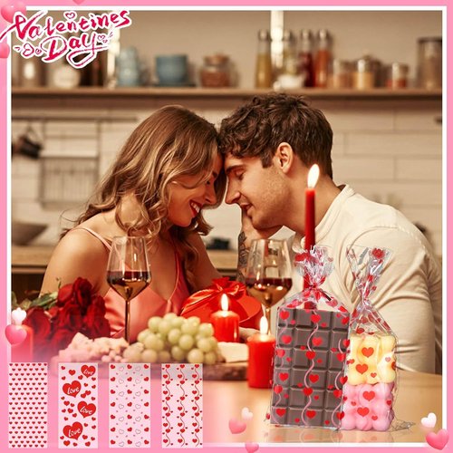 Biubee Valentine Cellophane Bags - 160 Pcs Clear Treat Bags with 4 Assorted Styles & Twist Ties