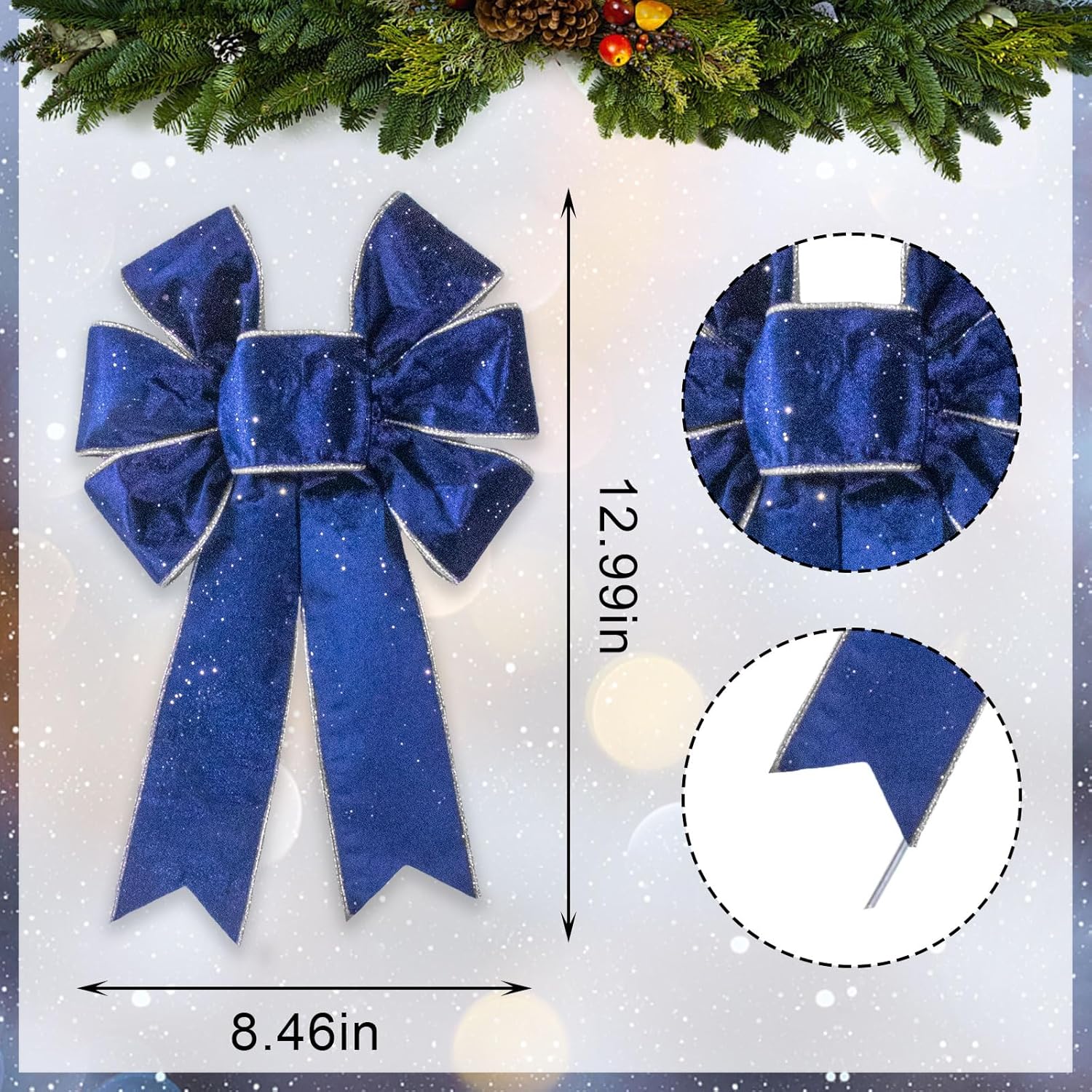 Threetols Vintage Blue Velvet Christmas Wreath Bows - 2pcs Navy Glitter Decor for Indoor/Outdoor Use