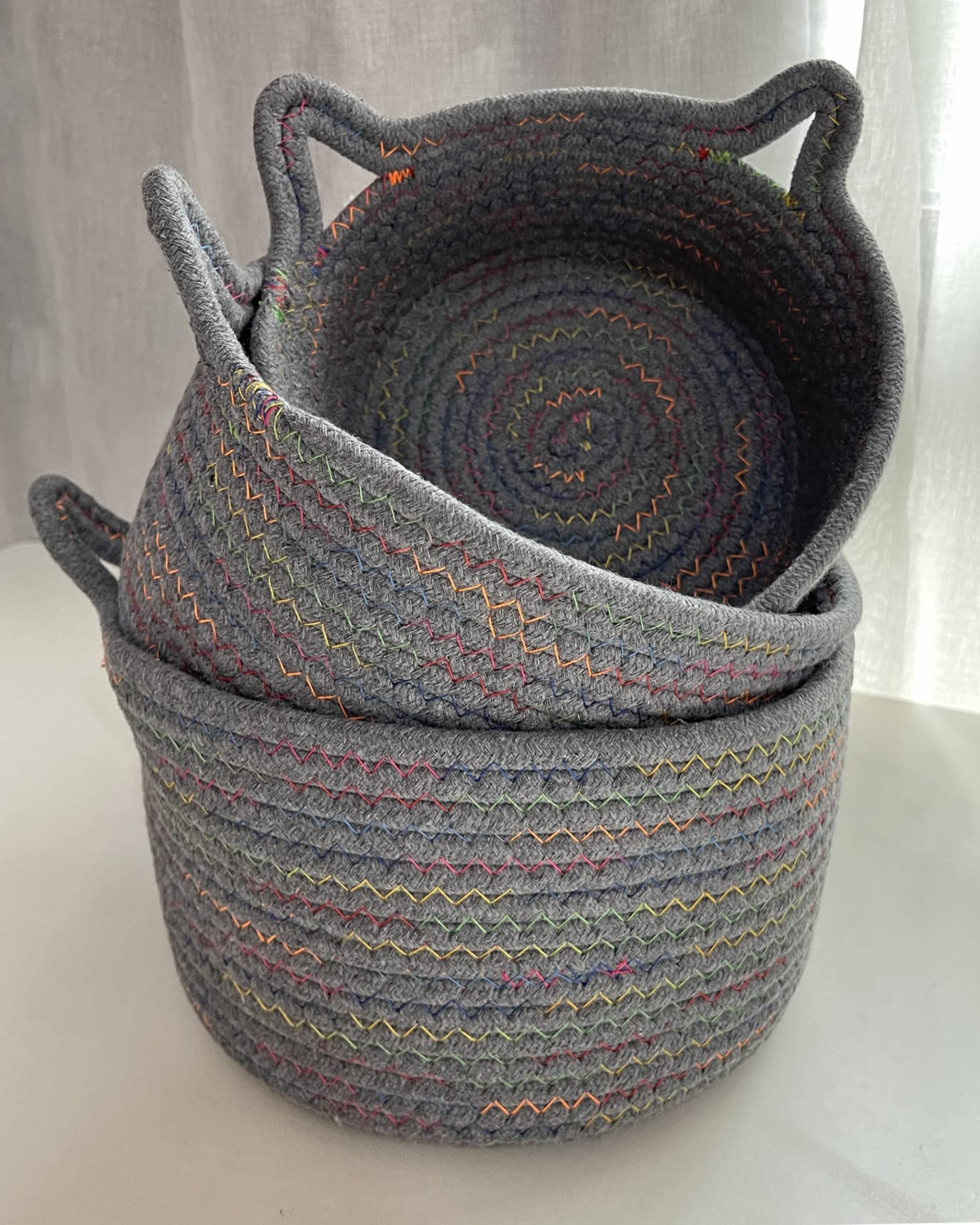 Small Woven Baskets | Mini Storage Bins | Cotton Rope Baby Nursery Organizers | Cute Round Cat Ears Basket for Organizing Desk Decor Kids Toy Dog Cat Baby Girls Gifts-Set of 3 (Grey mixed colors)
