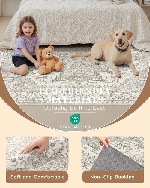 Madane Hallway Runner Rug - Vintage Washable Non-Slip 3x6 Soft Floor Mat | Beige/Brown for Entryway & Living Room