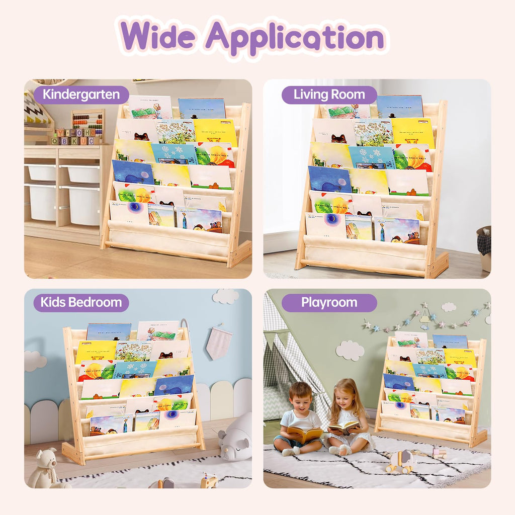 YCWSPEMR 6-Tier Kids Bookshelf – Child-Safe Wooden Book Shelf with Cotton Linen Fabric, Holds 100+ Books, Baby Bookshelf & Toddler Bookcase Organizer for Nursery, Playroom & Kids Rooms