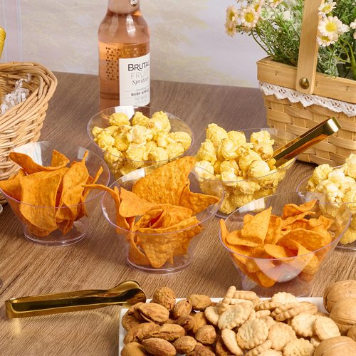 Soelomu 6 oz Plastic Serving Bowls, 20 Pack Small Angled Snack Bowls Clear Party Buffet Appetizer Containers for Desserts, Ice Cream, Salads, Chips, Popcorn