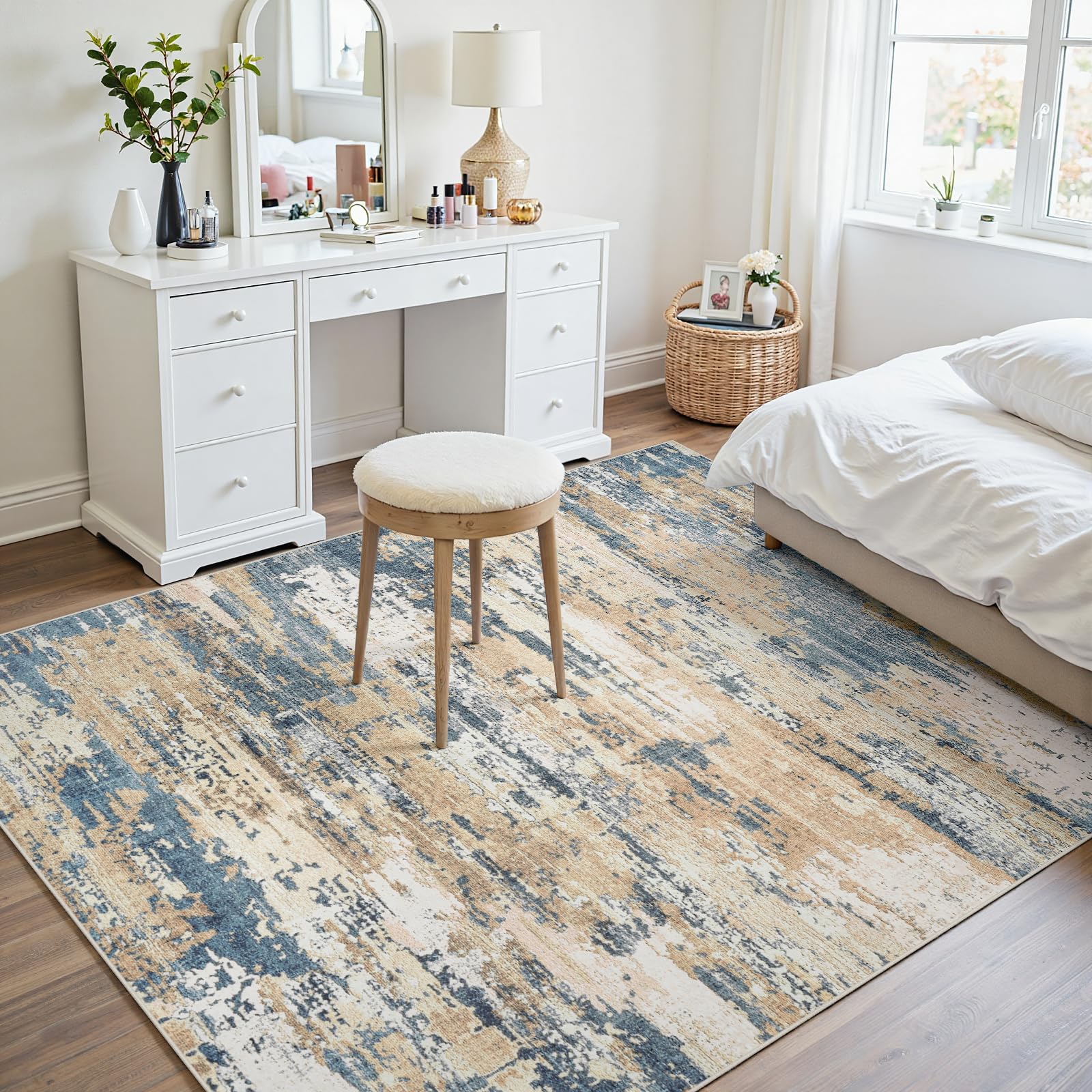 Area Rugs 5x7 Living Room: Large Soft Washable Rug Modern Abstract Anti-Skid Non-Shedding Carpet Indoor Floor Thin Carpets for Bedroom Dining Room Farmhouse Nursery Home Office Brown Blue