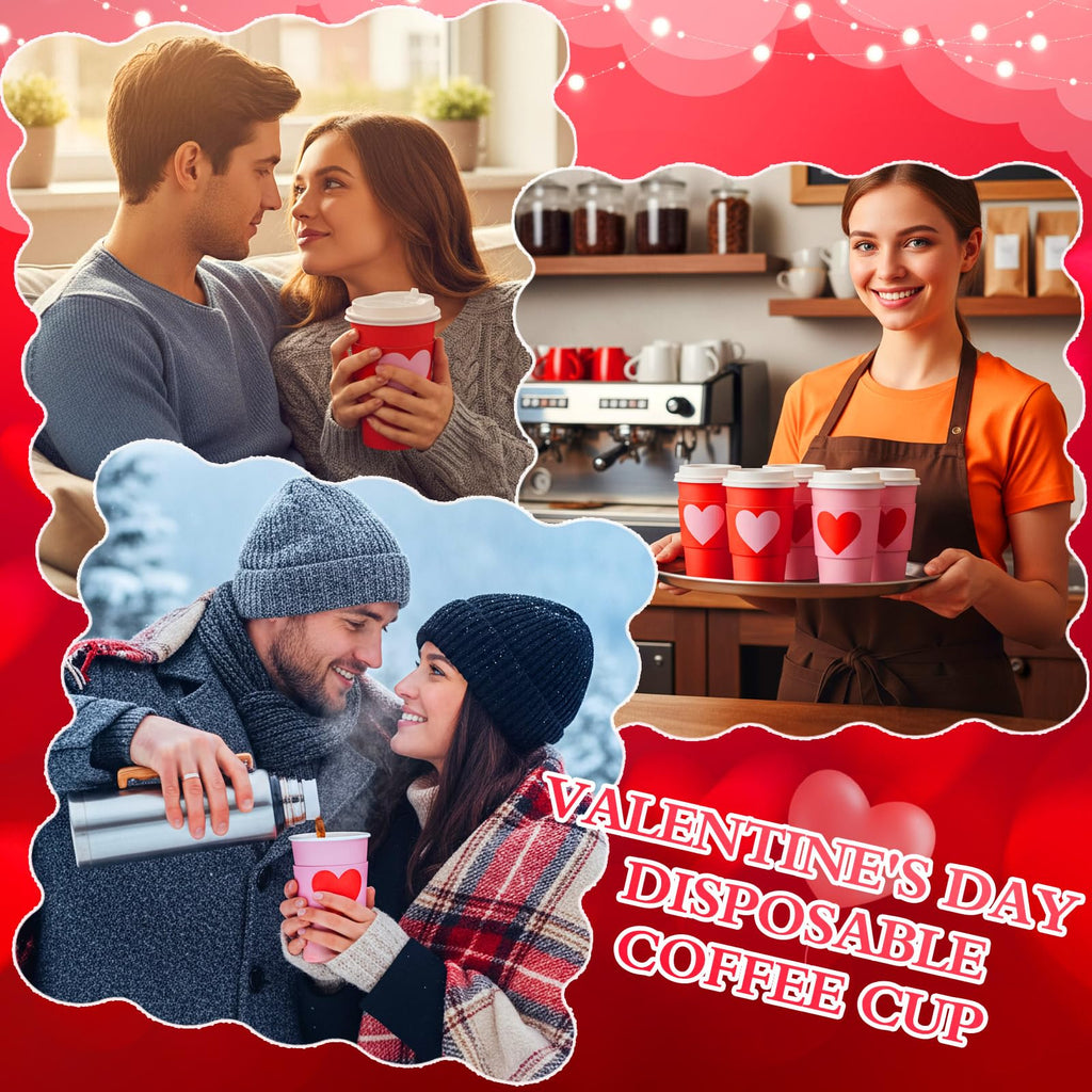 Sunnychicc 24 Set Valentine's Day Disposable Coffee Cups with Lids and Sleeves 16oz Red Pink Paper Cups Beverage Drinking Cup Heart Shaped Sleeves for Anniversary Wedding Bridal Shower Party Supplies