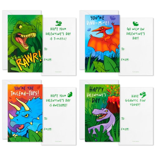 Hallmark Dinosaur Valentine's Day Cards for Kids with Pop Up Mailbox for Classroom Exchange (1 Box, 32 Cards, 1 Teacher Card, 33 Envelopes,)
