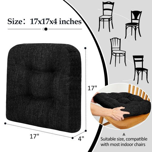 downluxe Chair Cushions for Dining Chairs 4 Pack, Tufted Indoor Chair Pads with Non-Slip Bottom, U-Shaped Kitchen Chair Cushions, 17"x17"x4", Black