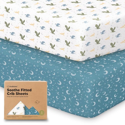 KeaBabies Organic Crib Sheets - 2-Pack Fitted Jersey Cotton for Baby Bed | Soft & Cute Dragon Tale Prints, 52x28