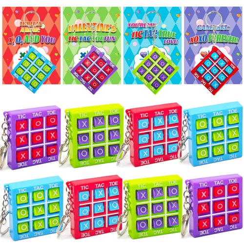 24 Pack Valentines Day Gifts Cards for Kids with Tic Tac Toe Game Keychains, Valentines Days Keychains for School Classroom Exchange Prizes, Valentine’s Exchange Greeting Cards for Boys Girls