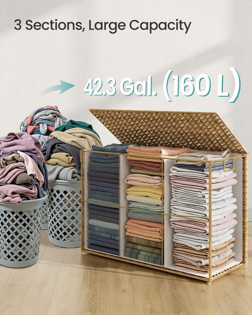 SONGMICS Laundry Hamper with Lid, 160 L Clothes Hamper with 2 Removable Liner Bags, 6 Mesh Bags, Wicker Laundry Basket, Double Laundry Hamper for Bathroom, 26 x 15.7 x 24 Inches, Natural ULCB316Y01