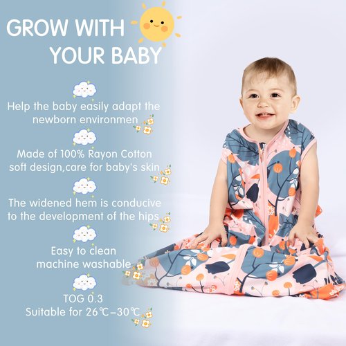 BSTOPPT 3 Pack Baby Sleep Sack 100% Rayon Cotton Baby Sleeping Bag 2-Way Zipper Toddler Wearable Blankets TOG 0.3. (Gerbera&Tulips&Pink, 6-12 Months)