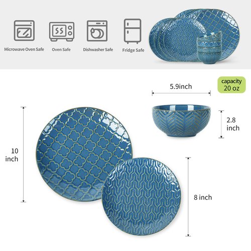 Sureasy 12-Piece Ceramic Dinnerware Set for 4 - Embossed Plates and Bowls Sets, Scratch Resistant Dish Set, Microwave, Oven & Dishwasher Safe, Blue