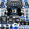 13th Birthday Decorations for Boys Black and Blue Official Teenager 13th Birthday Plates and Napkins Tablecloth Backdrop Omg Ur A Teenager Banner Topper Balloons Since 2013 Boy,Serve 25