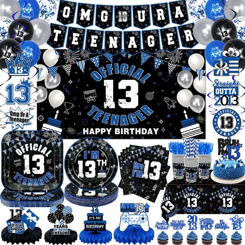 13th Birthday Decorations for Boys Black and Blue Official Teenager 13th Birthday Plates and Napkins Tablecloth Backdrop Omg Ur A Teenager Banner Topper Balloons Since 2013 Boy,Serve 25