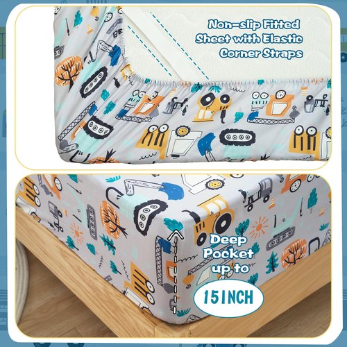 Drozeeo Twin Sheets Set Kids, Twin Bed Sheets for Boys, Cute Kids Bedding Set, Excavator Truck Pattern, Grey