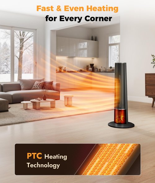 Oylus Tower Heater for Indoor Use - 25" Portable Space Heater with 3D Flame, Remote, Adjustable Thermostat, 2 Heat Modes, Multiple Safety Protection, 12H Timer, Quiet Electric Heater for Large Room